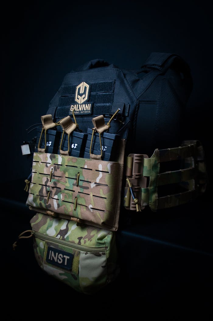 about-02 Close-up of a tactical military vest with camouflage pattern and equipment.