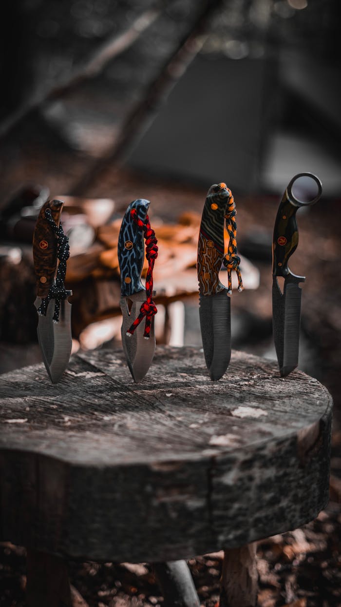 Four colorful tactical knives placed vertically on a wooden stump outdoors.