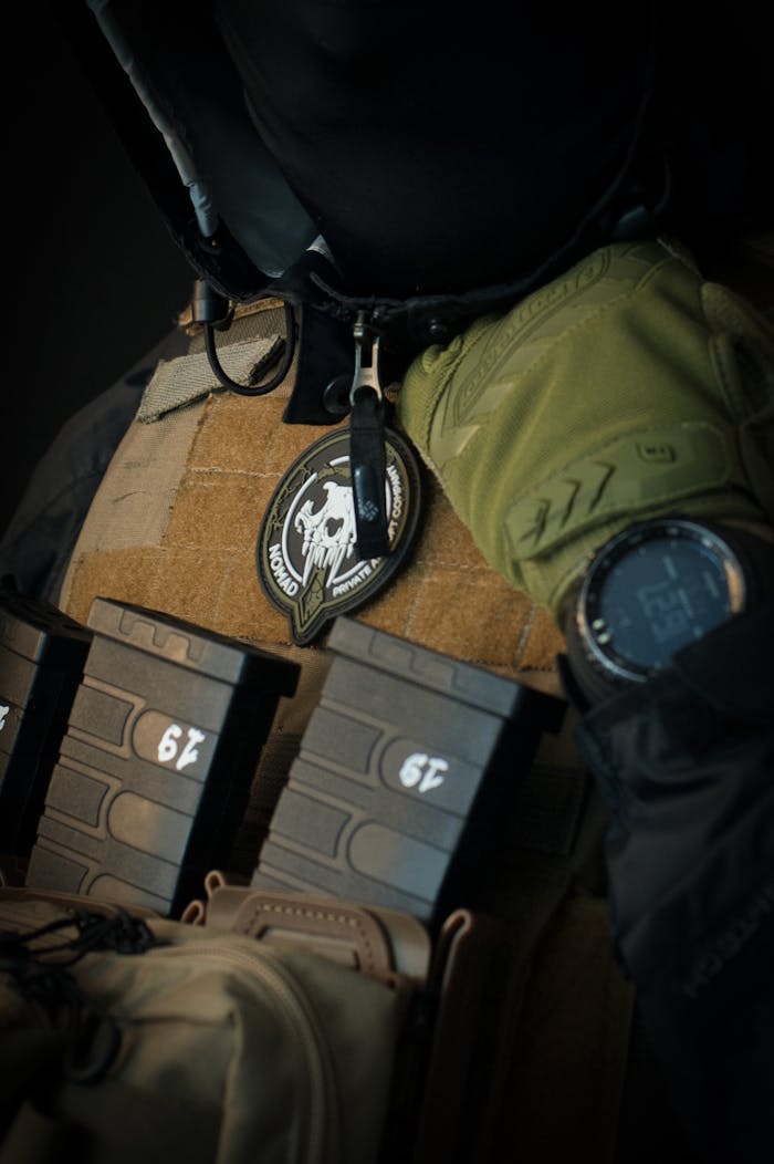 about-01 Detailed shot of tactical gear featuring military equipment and accessories.